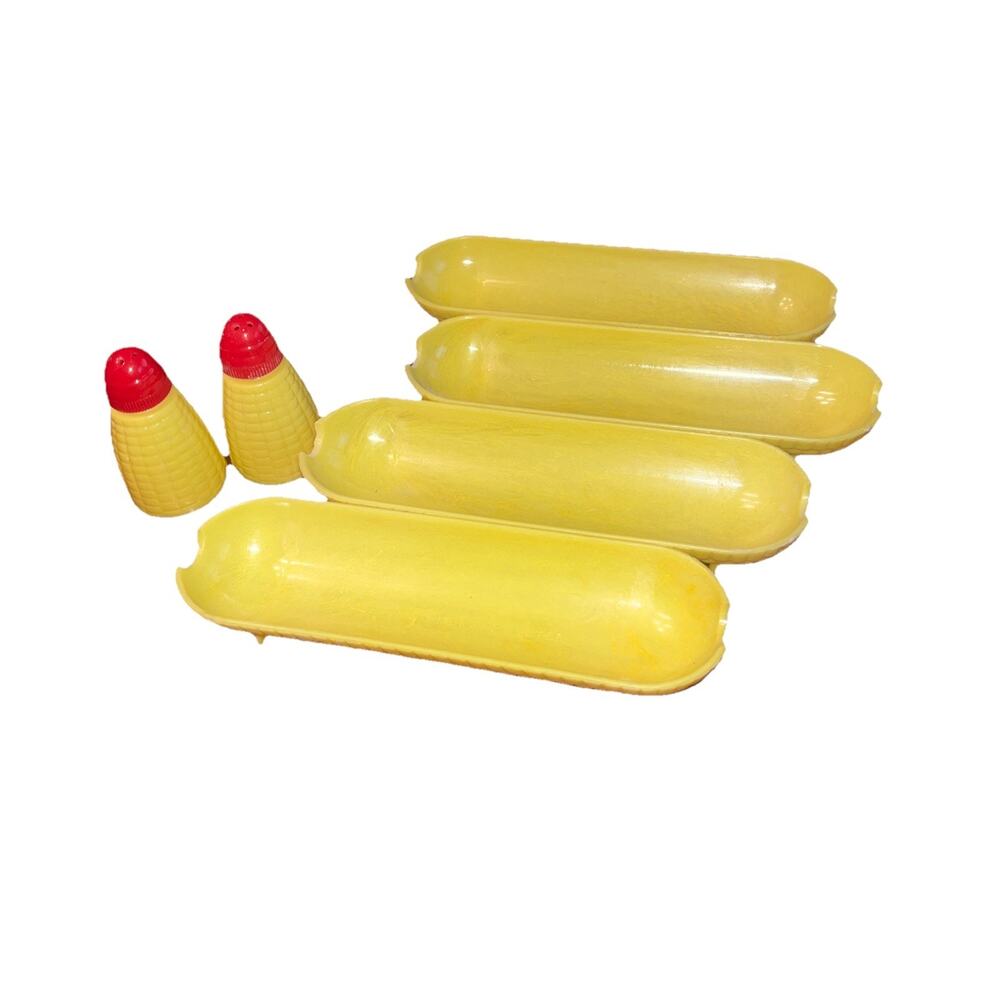 Corn On The Cob Salt & Pepper Shakers Trays Vintage Lapin Plastic 1950s Novelty